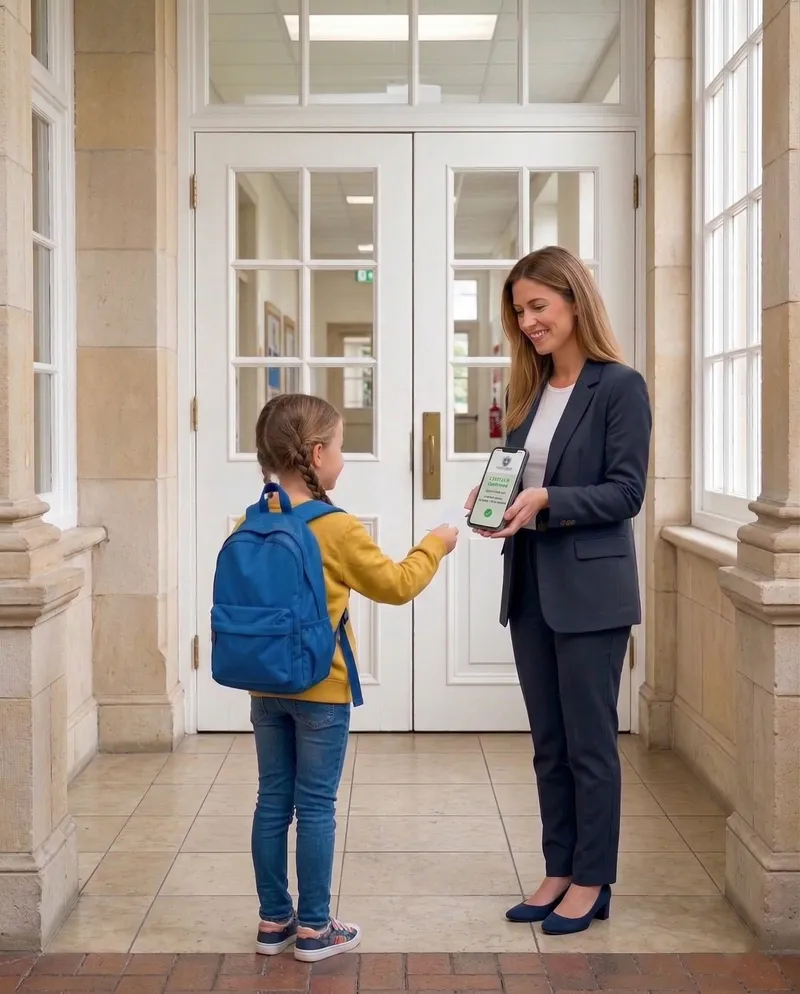 Alumna presentando su credencial a inspectora en la entrada del colegio